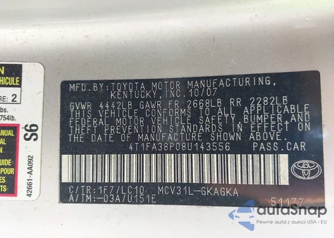 2008 Toyota Camry Solara Sle z USA, uszkodzony, nr VIN 4T1FA38P08U143556